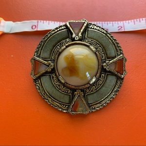 Celtic style circular shawl pin brooch semi-precious stones gold tones